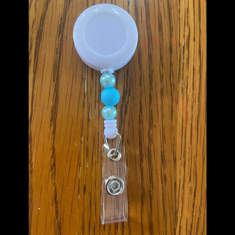 Handmade Blue and Blue Pearl Beaded Interchangeable Badge Reel